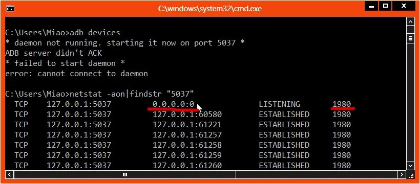 Ошибка daemon. Netstat aon. adb server didn&#039;t ack. daemon not running; starting now at tcp:5037. daemon not running.