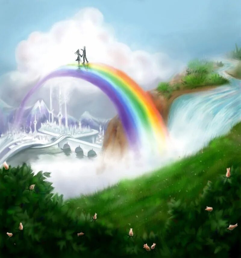 Сказочный мир с радугой. Радуга рисунок. Мост радуги. Радуга и солнце.