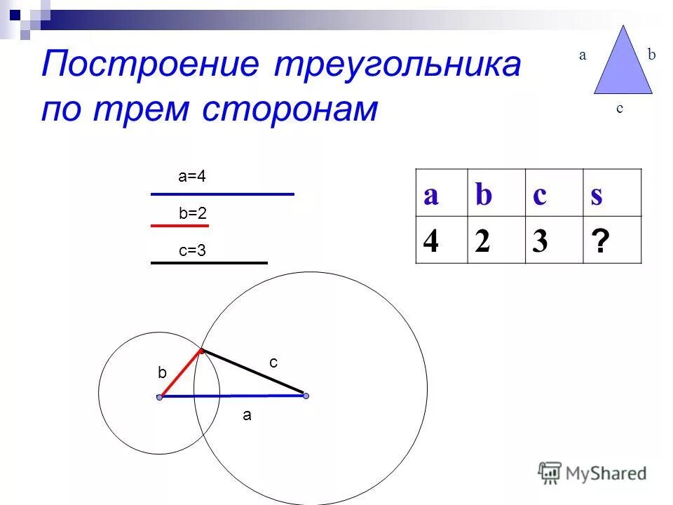 Построение треугольника по трём сторонам. Постраение треугольника по трём сторонам. Построе треугольника по трем сторонам. Посторонние треугольника по трём сторонам.