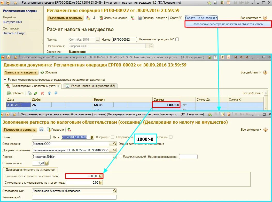 Корректировка налога на имущество