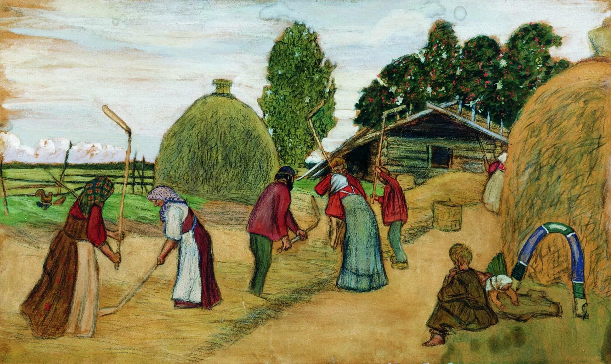 Как часто с крестьян собирали голубиный побор. Молотьба б. Кустодиев 1908. Кустодиев деревенский праздник 1910.