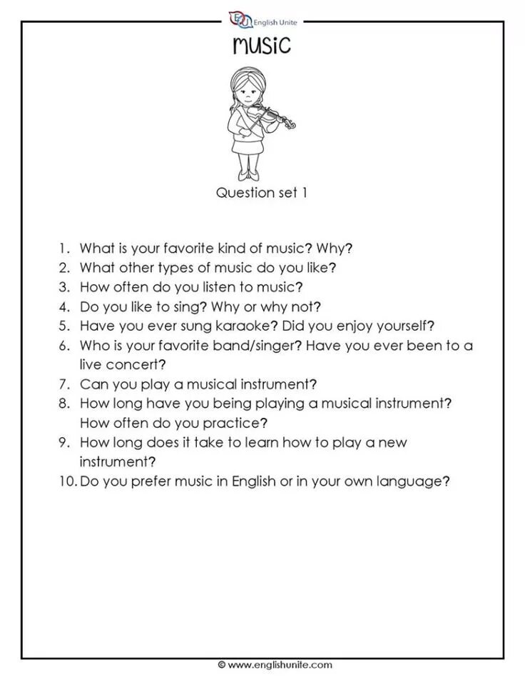 Questions about music. Music questions. Speaking about Music Worksheets. Speaking Challenge.