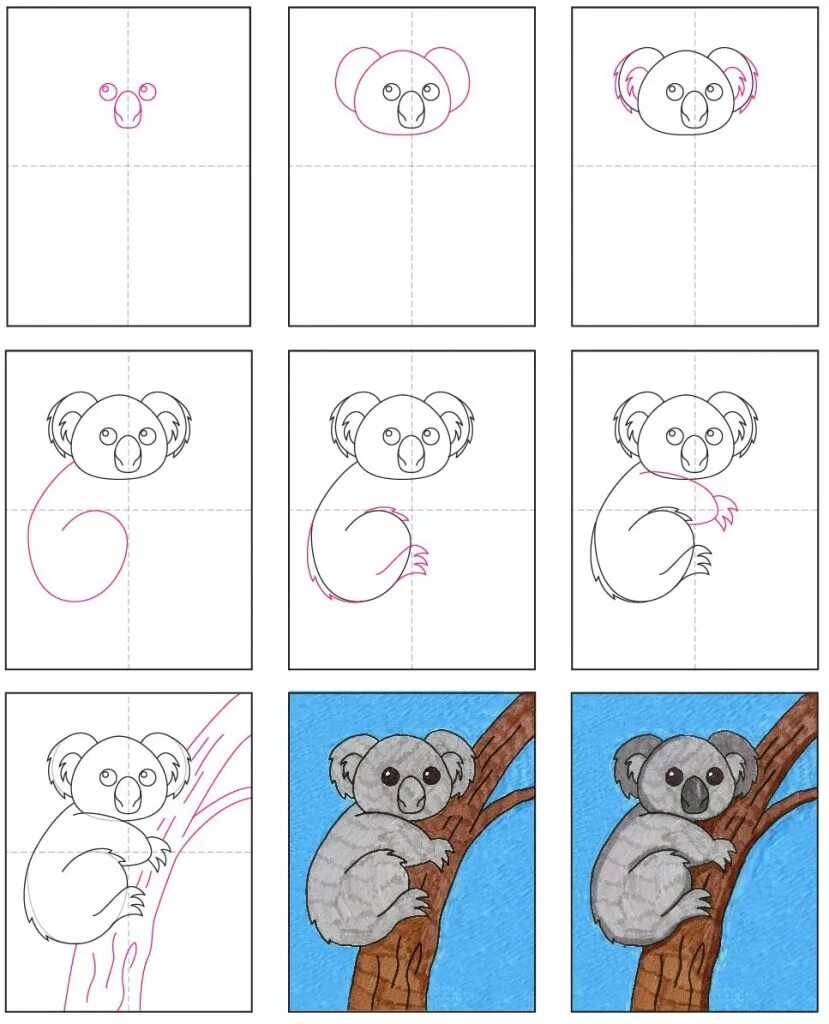 Рисовать открытку поэтапно. Поэтапное рисование для детей. Рисуем коалу поэтапно для детей. Как нарисовать коалу карандашом поэтапно. Поэтапное рисование коалы.