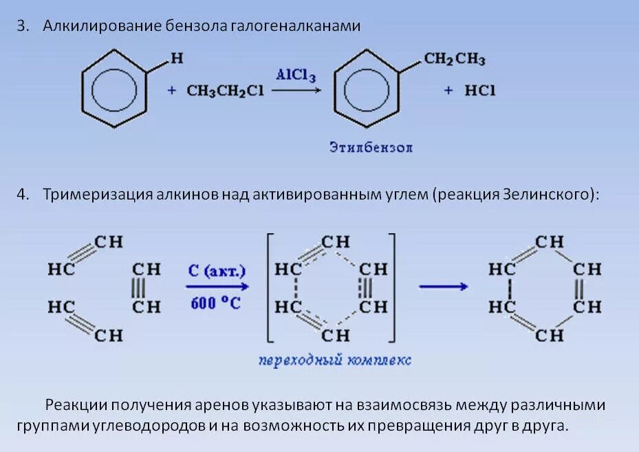 Ацетилен бензойная кислота. Синтез этилбензола алкилированием бензола. 2) Алкилирование бензола иодметаном. Алкилирование гомологов бензола. Тримеризация алкинов.