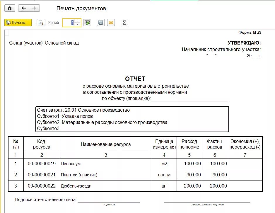 Форма списания 29