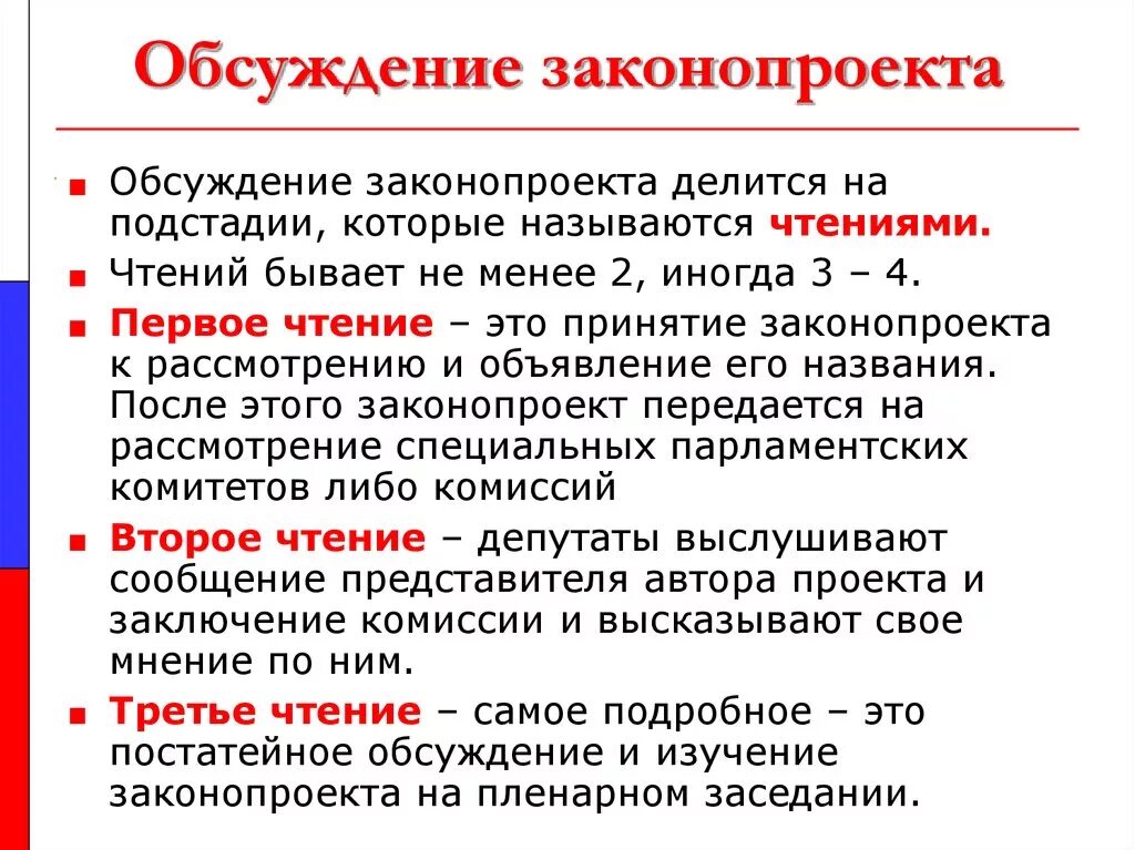 Обсуждение на чтениях законопроекта. Обсуждение законопроекта. Стадия обсуждения законопроекта. Порядок рассмотрения и обсуждения законопроекта. Этапы обсуждения законопроекта.