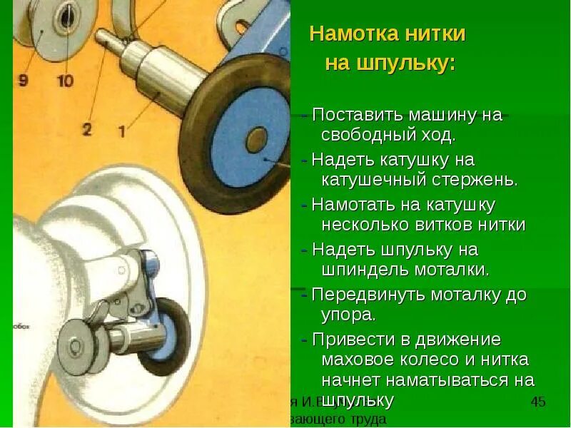 Скорость швейной машины. Устройство механизма намотки нити на шпульку. как наматывать шпульку на швейной машинке. намотка нити на шпульку швейной машинки. шпиндель моталки на швейной машине.