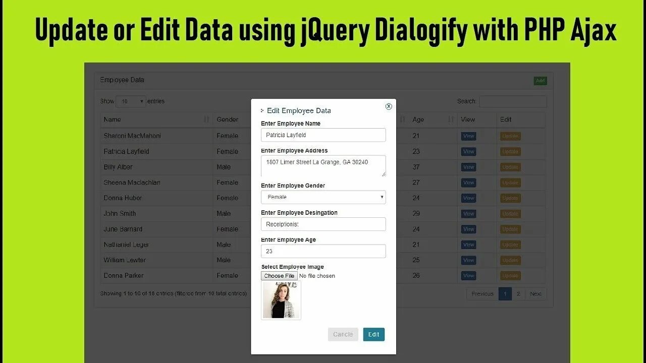 Modal Edit php Ajax datatables. $.Ajax JQUERY PDO. JQUERY update. CRUD Ajax php MYSQL search Bootstrap. Data edit