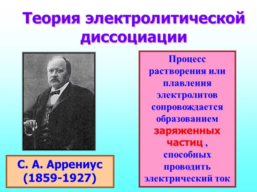 Теория электролитической диссоциации Аррениуса. Электролитическую диссоциацию открыл. Теория электрической диссоциации Аррениуса. Химическая теория электролитической диссоциации.