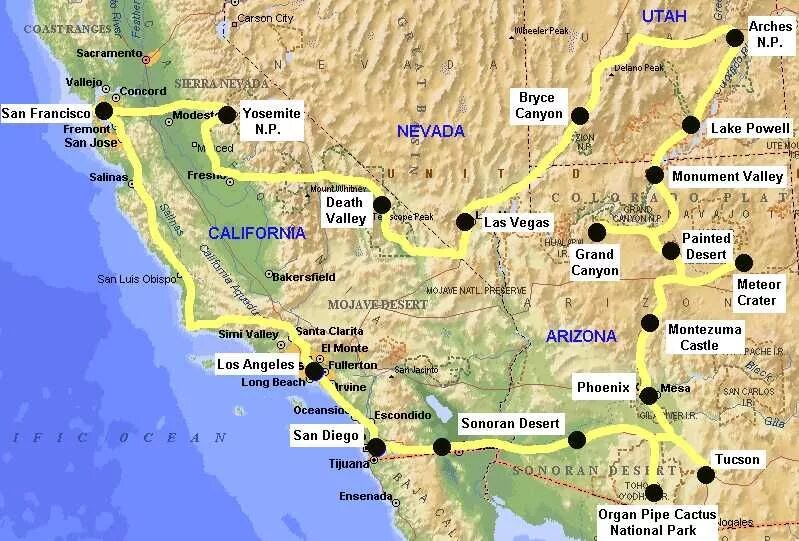 Туристический маршрут по северной америке. Гранд каньон национальный парк США на карте. Национальный парк Гранд каньон на карте Северной Америки. Национальный парк Секвойя на карте Северной Америки. Гранд каньон Аризона на карте.