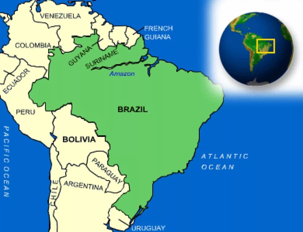 Карта Бразилии географическая. Политическая карта Бразилии. Бразилия на карте Южной Америки. Географическое положение Бразилии на карте.