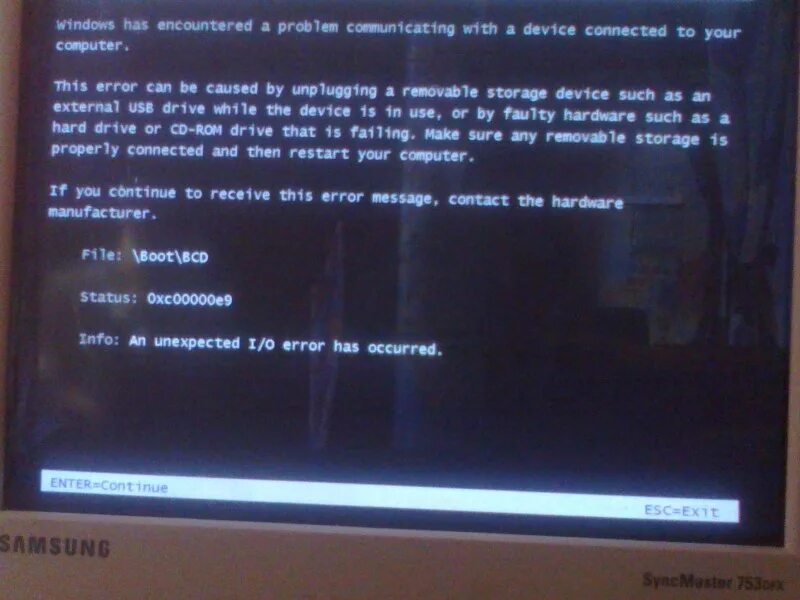 Make sure the device is connected. File /boot/bcd status 0xc00000e9. windows has encountered a problem communicating with a device connected to your computer что делать. windows has encountered a. i/o error while communicating with the device samsung.