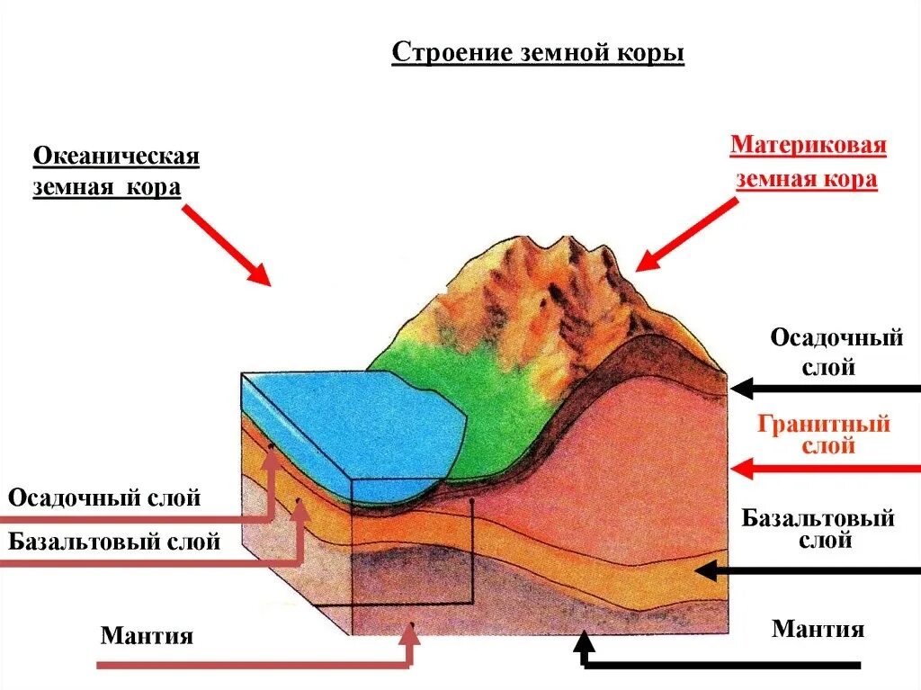 Строение земной коры осадочный слой гранитный слой. Строение материковой земной коры. Строение осадочного слоя земной коры. Слой породы 5