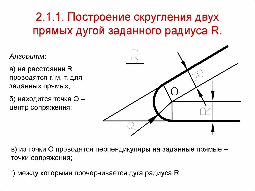 Выполнить геометрические построения. Построение радиуса скругления. Геометрические построения. Алгоритм построения пересекающихся прямых дугой заданного радиуса. Геометрические построения в черчении.