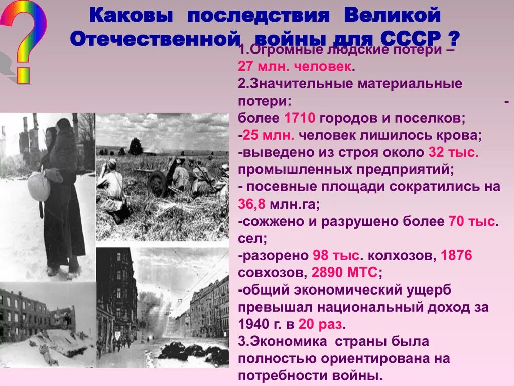 Итоги вов 1941 1945. Последствия войны 1941-1945. Последствия Великой Отечественной войны. Последствия ВОВ для СССР. Последствия войны Великой Отечественной войны.