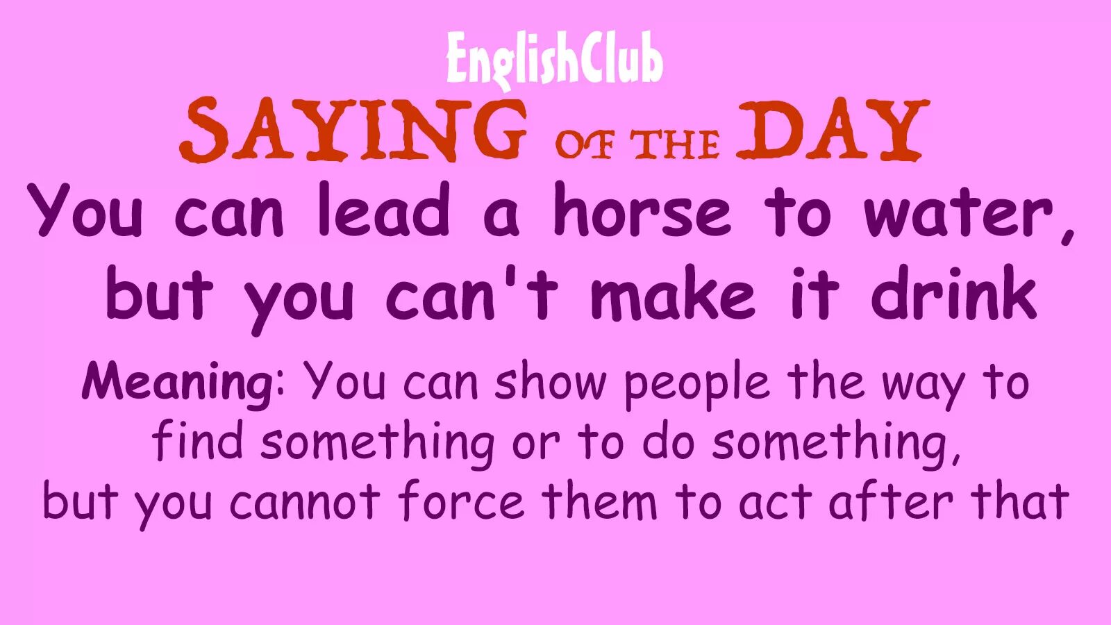 You can lead a Horse to Water but you can't make it Drink. You can take a Horse to Water. You can make a Horse to Water can't. You can take a Horse to the Water but you can’t make him Drink. На русском. Can t take перевод