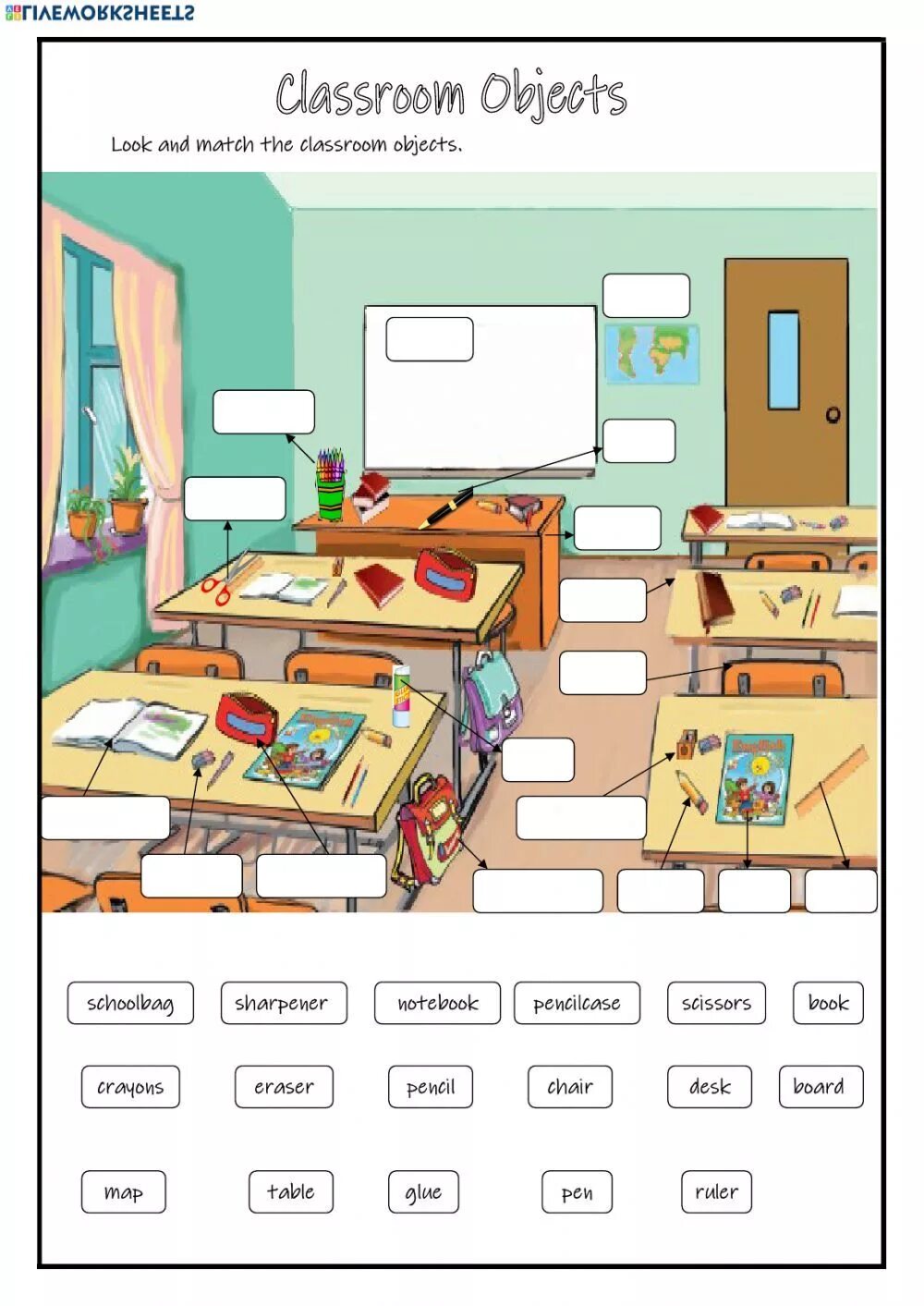 Match the subject. In a Classroom предметы. Worksheet на тему my Classroom. Карточки Classroom objects. Задание по англ Classroom.