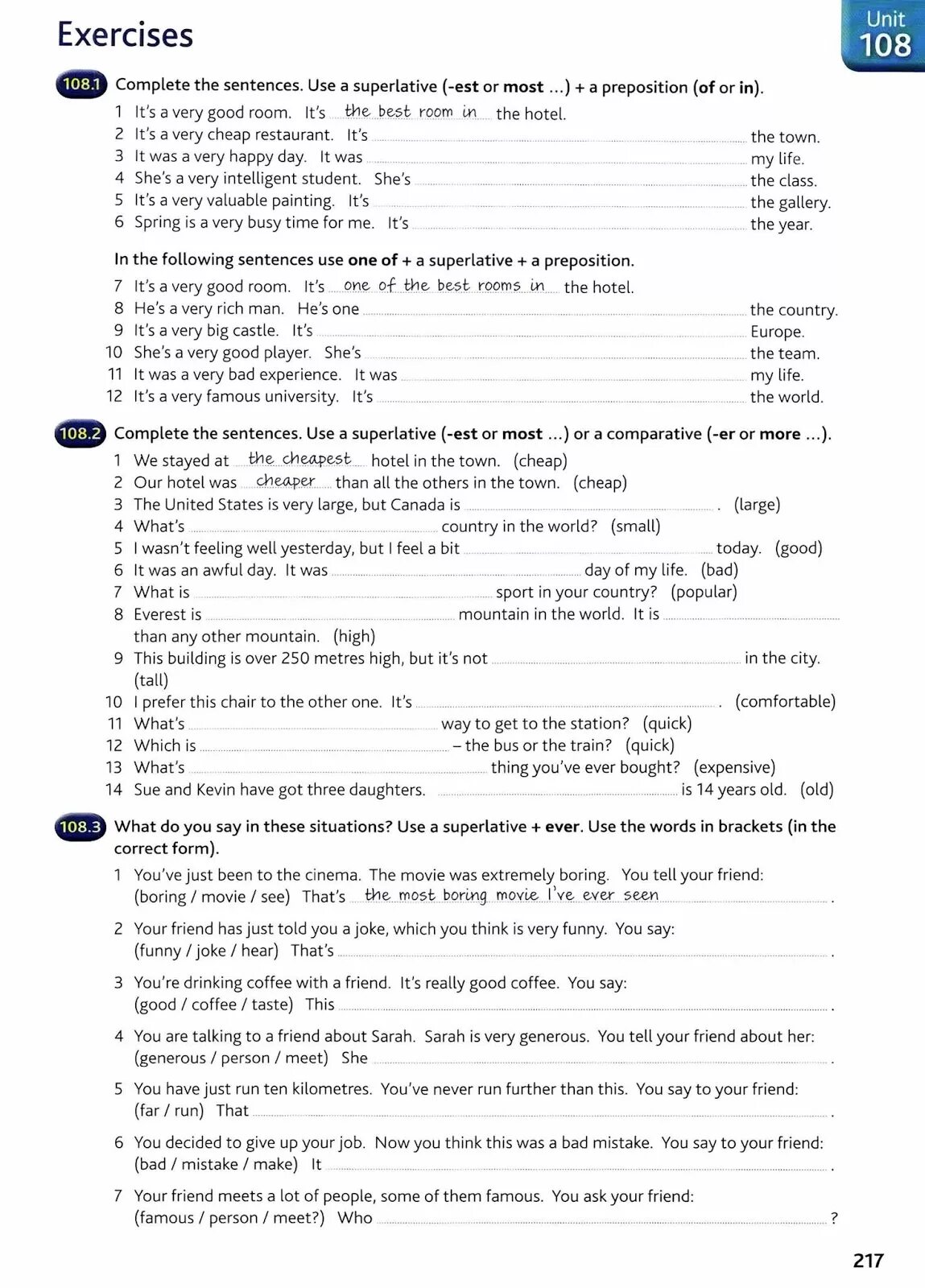 English_Grammar_in_use_4th Intermediate. Unit 105 exercises 105.1 ответы. Ответы Unit 108.1 complete the sentences. Use a Superlative ( - est or most...) + A preposition. Мерфи Unit 105.