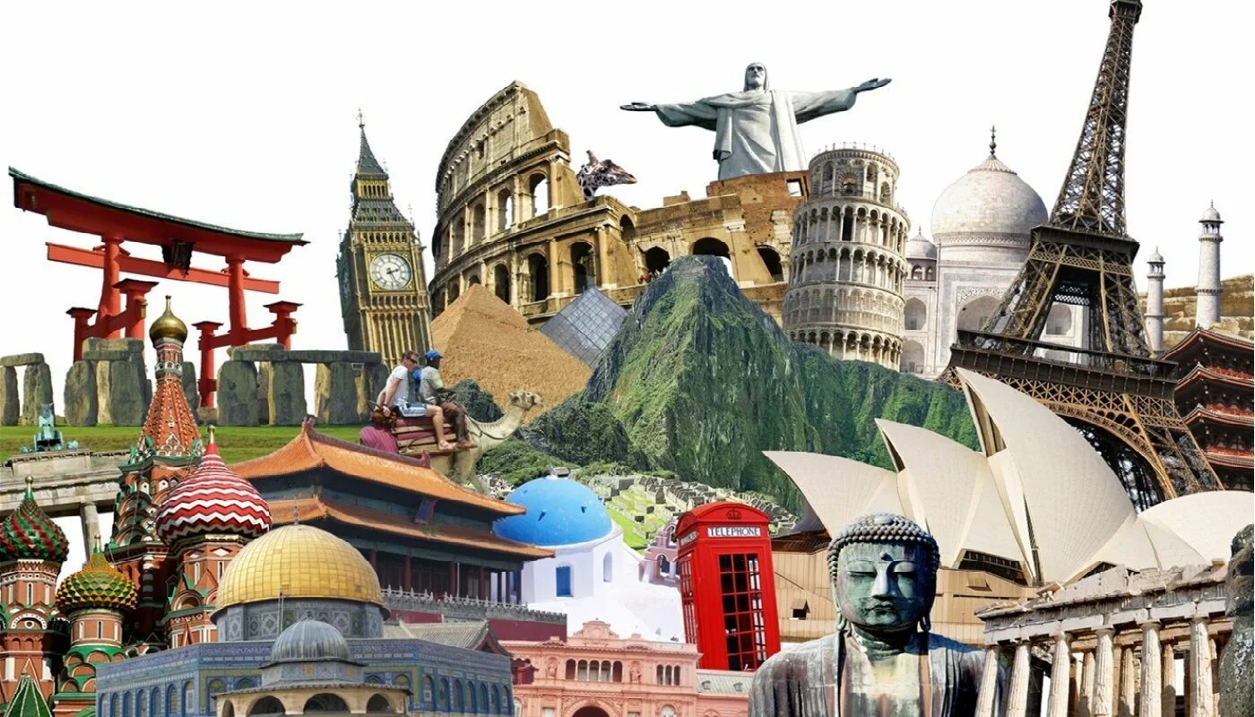 Путешествие в разные страны. Культурно-исторический туризм. Путешествия по миру коллаж. Достопримечательности разных стран.
