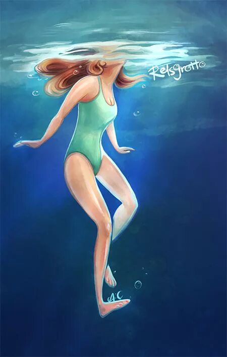 Flies can t swim. Гвен Underwater. Woman can't Swim and Drowning. Мультяшные девушки в бикини дайвинг знаки зодиака.