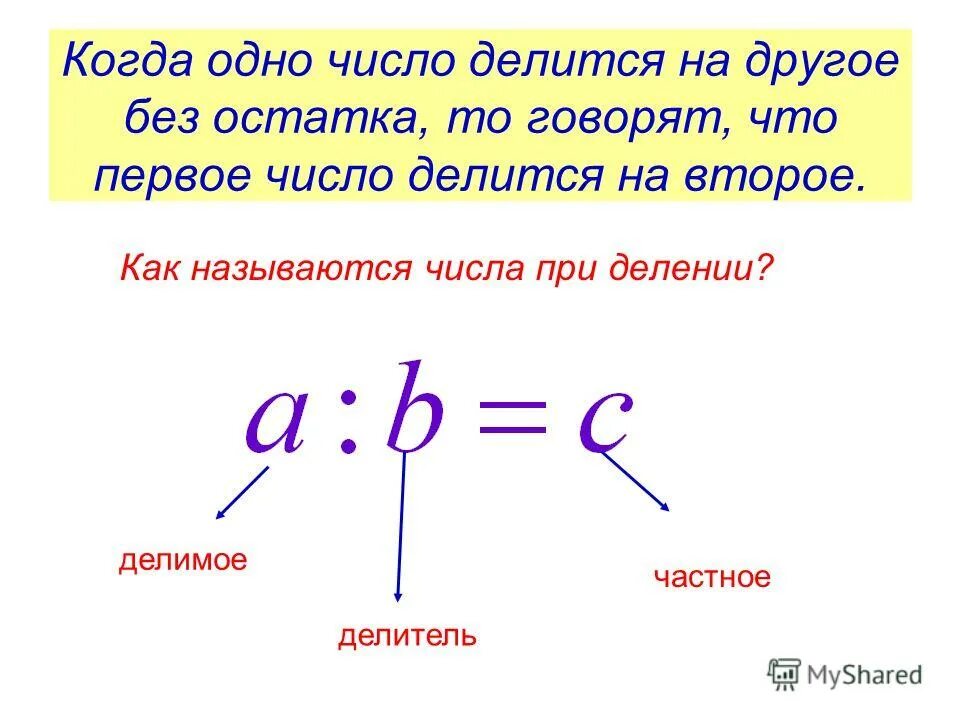 Число делящееся без остатка называют. Число на которое делят. Как называются числа при делении. Деление как называются числа которые делятся. Деление натуральных чисел.