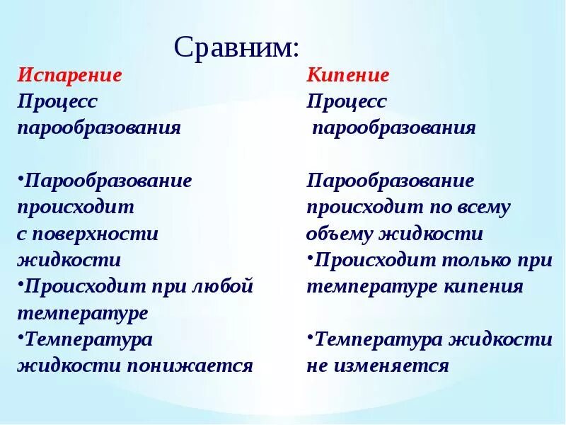 Виды кипения. Сравните процессы испарения и кипения. Сравнение процессов испарения и кипения. Сравнительная таблица процессов кипения и испарения. Сравнение процессов парообразования.