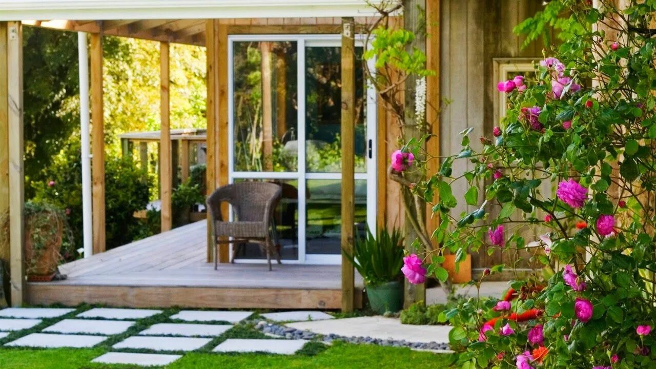 The home garden. Сад в стиле модерн. garden house. small garden house. flower house near the house.