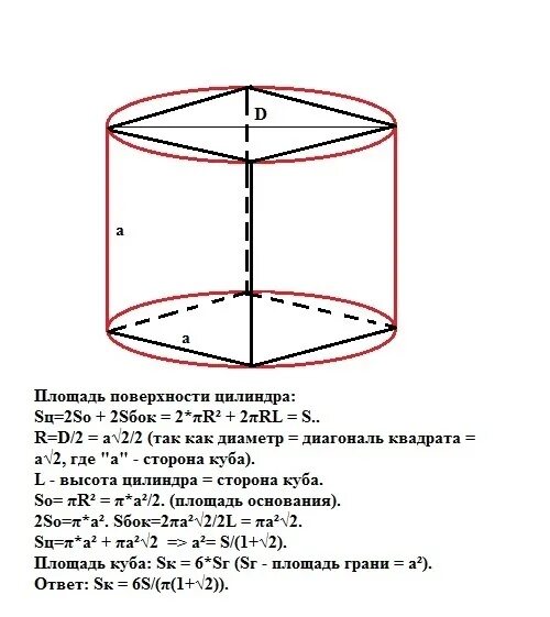 Куб цилиндра. Найдите площадь полной поверхности цилиндра описанного около куба. цилиндр описанный около куба. площадь поверхности ребра цилиндра. вокруг куба описан цилиндр.