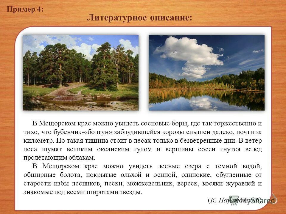 Как можно описать год. Литературное описание. Литературный пример описание. Словесные модели примеры. В Мещёрском крае можно увидеть сосновые боры.