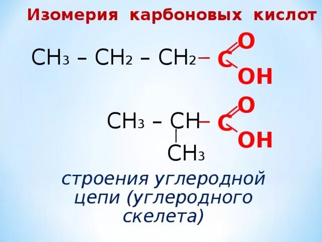 Изомеры углеродного скелета карбоновых кислот. Углеродный скелет карбоновых кислот. Изомерия углеродной цепи карбоновых кислот. Типы изомерии карбоновых кислот. Цепи карбоновые кислоты