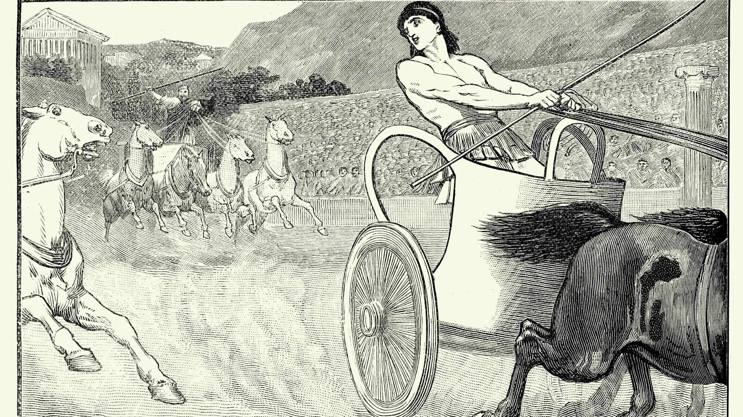 Древнее передвижения. Гонки на колесницах в древней Греции. Гонки на колесницах в древней Греции на Олимпийских играх. Состязания на колесницах в древней Греции.