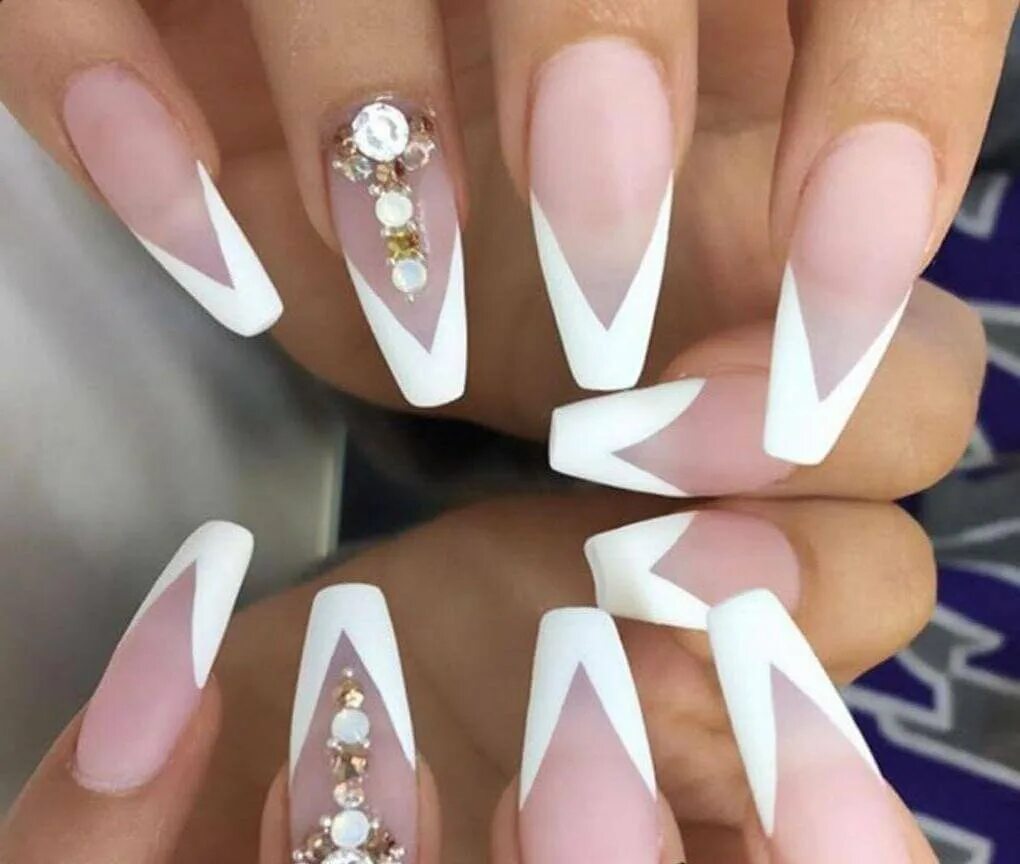 Маникюр пуанты френч LONG COFFIN *FRENCH MANICURE* Full Cover Beige Transparent 24 Nails Glue Set! eB