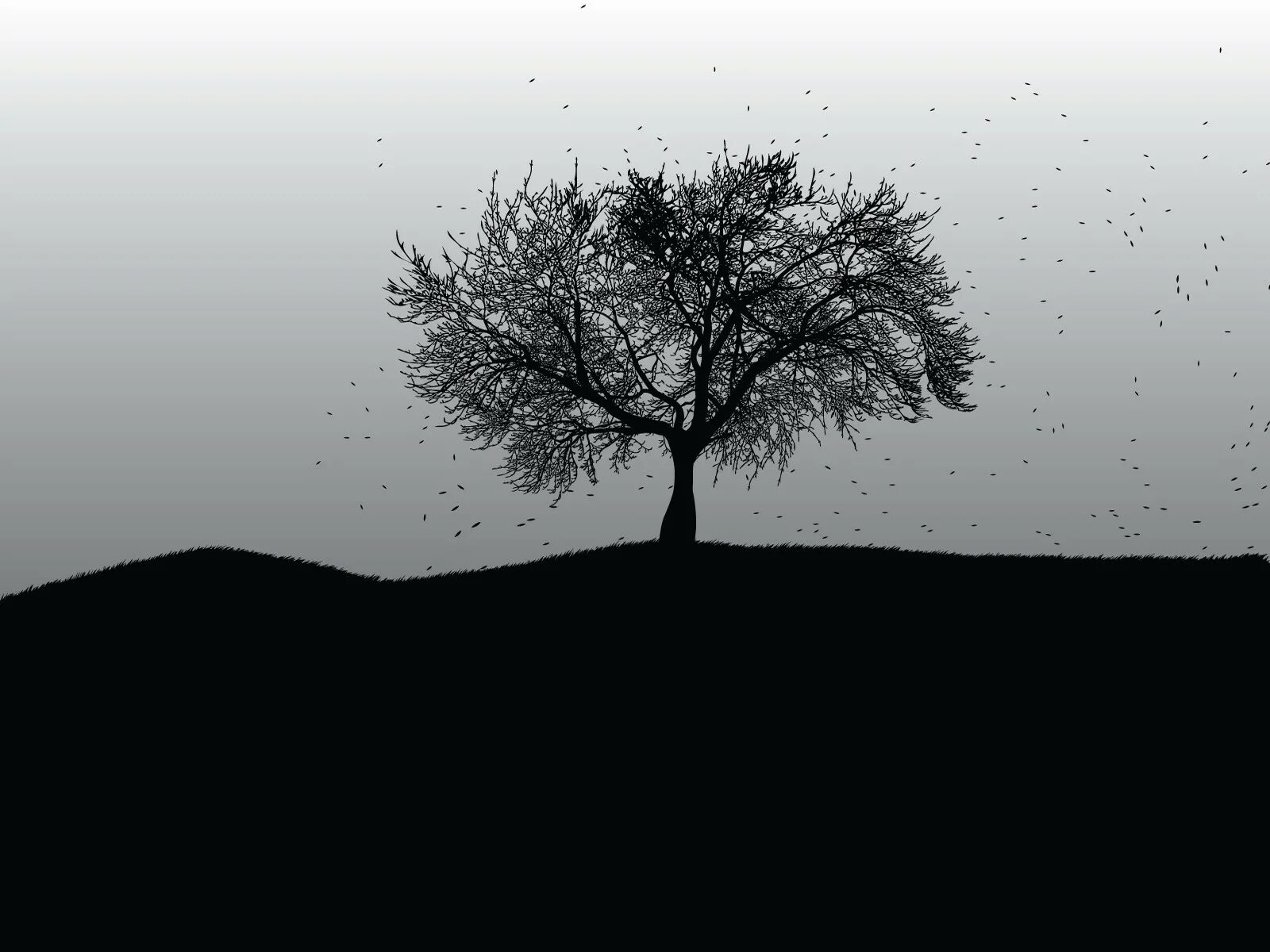 Одинокий холм. Одинокое дерево. Силуэт дерева. Дерево черно белое. Черно белый Минимализм.