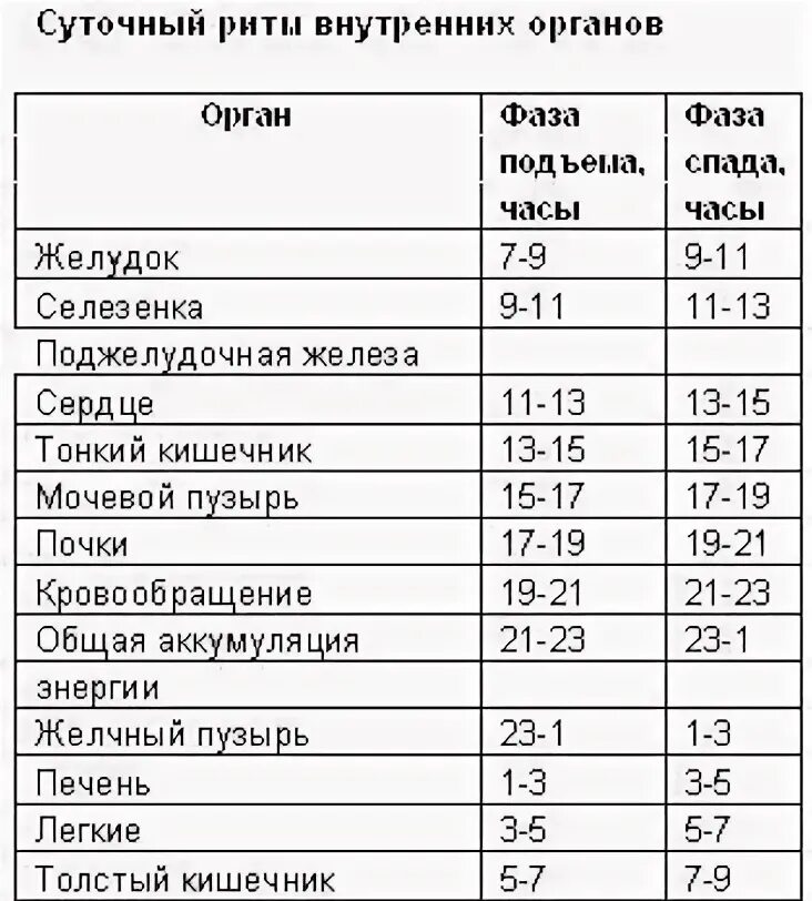 Таблица меридианов суточный/ритм. Таблица работы органов. Таблица суточной активности органов. Суточные активности органов в течение суток.