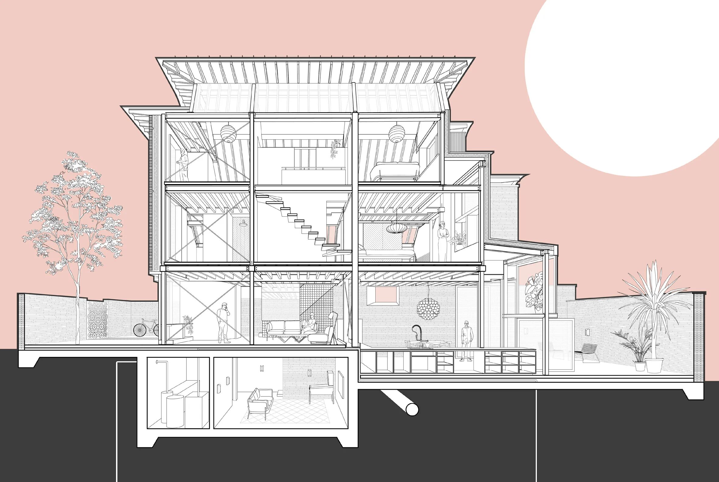 Section. Architectural Section. Коллажная архитектурная подача из скетчапа. Коллажи с чертежами дома. Чертежи по архитектуре студия.