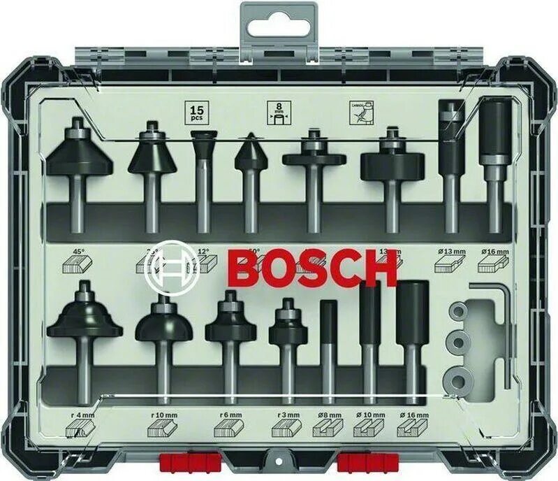 Качество фрез. Набор фрез смешанный (15 шт; хвостовик 8 мм) Bosch 2607017472. 2607017472 Набор фрез. Набор фрез смешанный Bosch 6мм. 15шт. (Арт. 2607017471). Набор фрез Bosch 2.607.017.473.