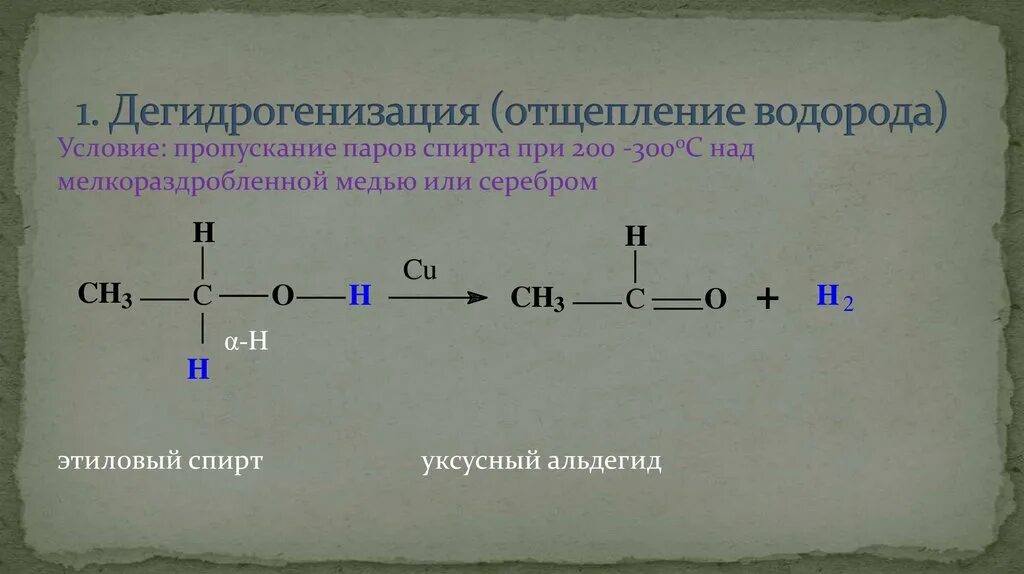 Дегидрогенизация. Дегидрогенизация этанола реакция. Реакция отщепления уксусной кислоты. Реакция отщепления водорода