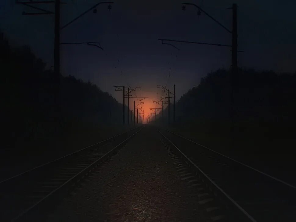 Поезд ночью. Ночные рельсы. Станция ночью. Рельсы вечер. Железная дорога ночью.