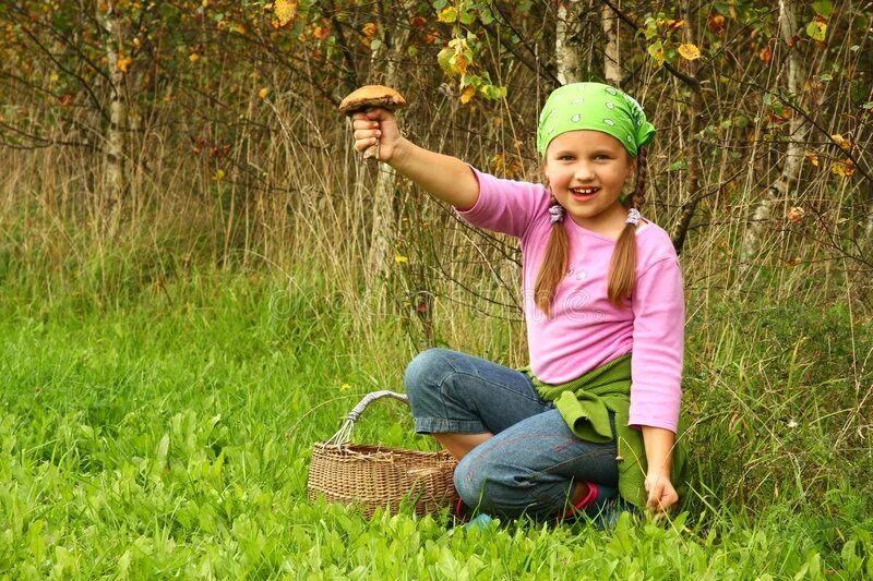 Сбор грибов в лесу. Осень сбор урожая. Дети собирают траву (щавель). Две девочки собирают грибы в лесу. Сенокос в деревне.