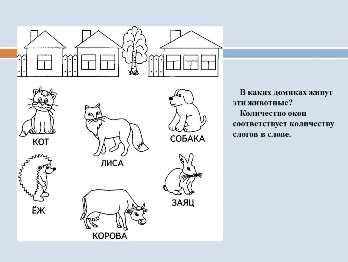 Задания сколько слогов. Слоговые домики для дошкольников. Слоговые домики для животных. В каких домиках живут эти животные. Слоговая структура домики для дошкольников.