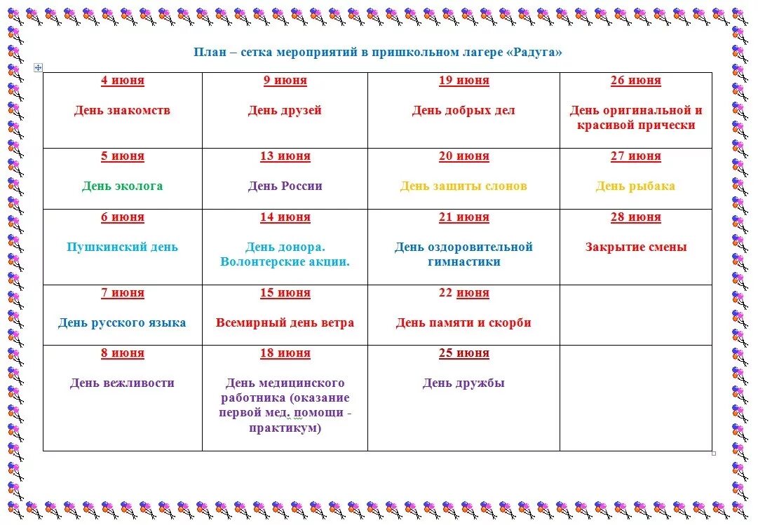 Виды перспективного планирования мероприятия в летнем лагере. План сетка пришкольного летнего лагеря. План сетка лагерной смены на 21 день в таблице. План сетка мероприятий в лагере дневного пребывания. План сетка лагерно пришкольный.