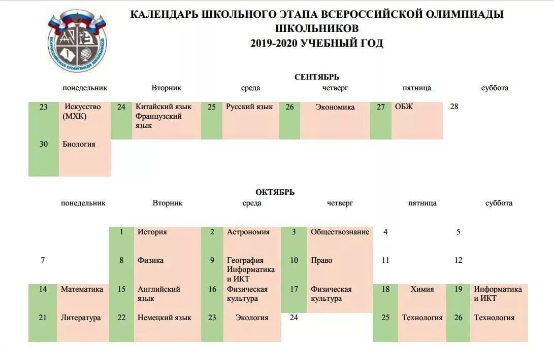 Школьный этап Всероссийской олимпиады школьников 2019-2020.