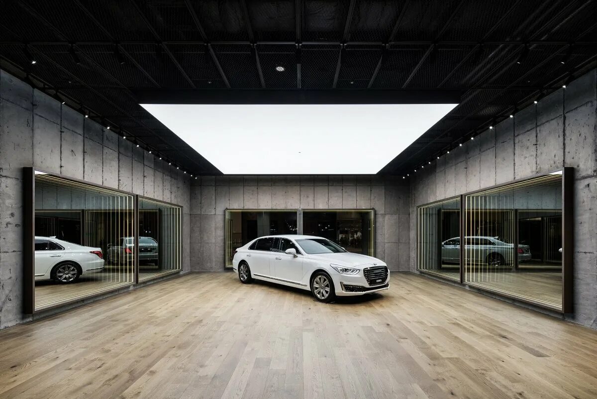 Модный гараж. Hyundai car showroom architecture. стильный гараж. дизайнерский гараж. стильные гаражи интерьер.