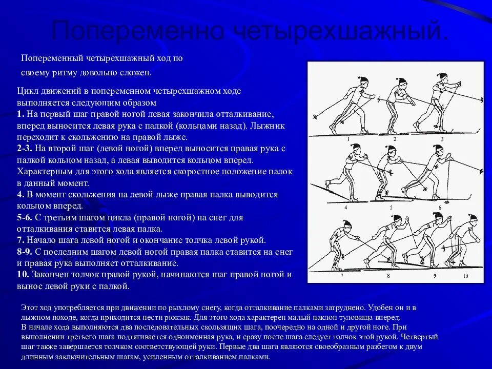 Равномерный шаг. Попеременно четырехшажный ход на лыжах техника. Попеременный четырехшажный ход фазы. Попеременный четырехшажный ход техника выполнения. 5. Попеременный четырехшажный ход.