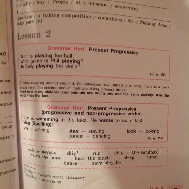 Grammar Hint. Find out what the Atkinsons activities are. Cont how many children and animals are doing one and the same activity use the Words from the BPX.