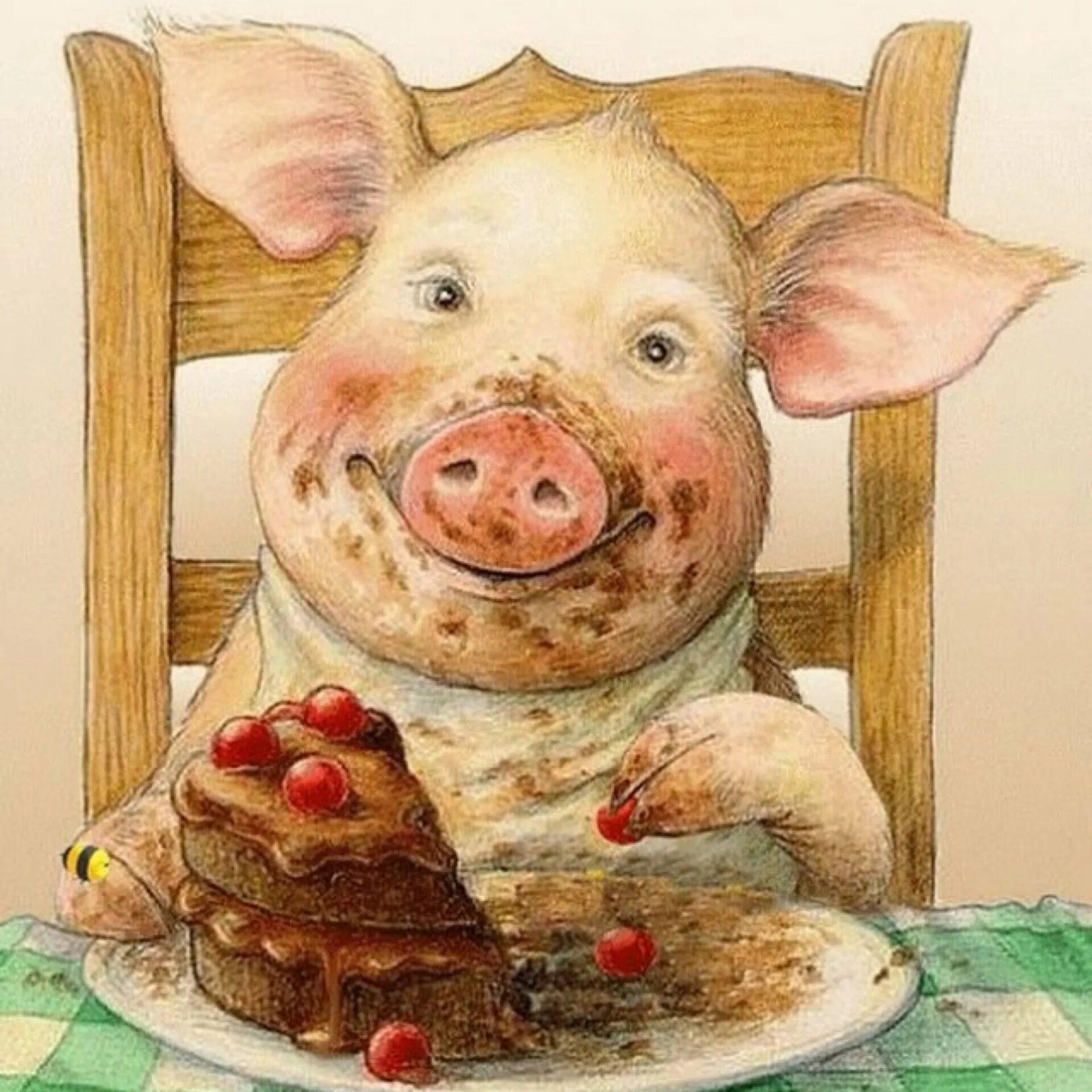 Днем рождения свинка. Веселый поросенок. Смешные свиньи. Поросенок кушает. Открытка с поросенком.