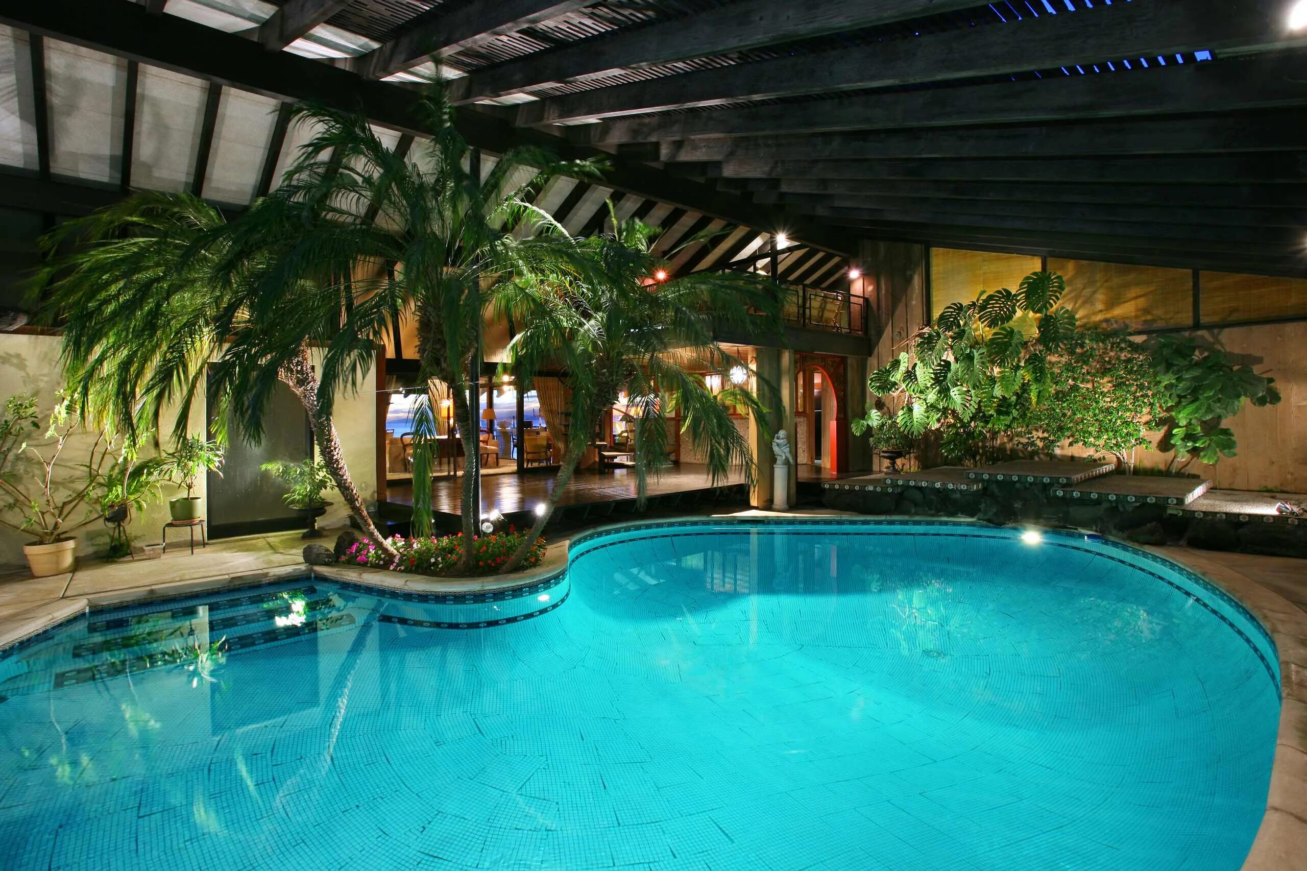 Красивый бассейн. Красивый бассейн в доме. Бассейн в тропическом стиле. Зимний сад с бассейном.