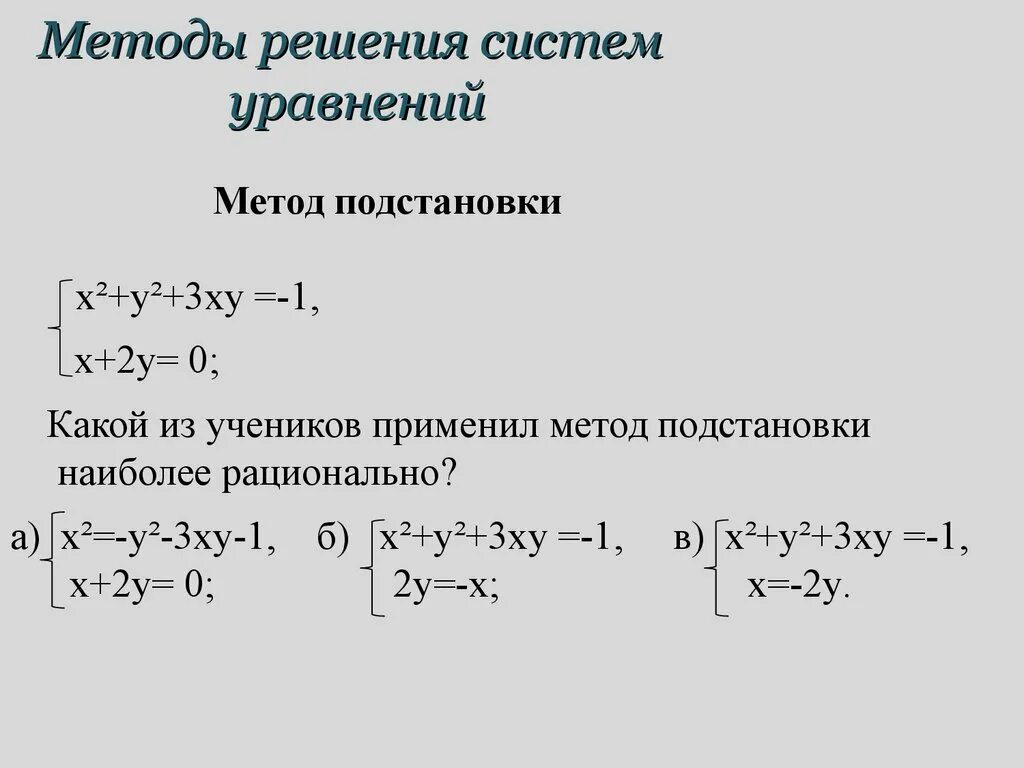 Методы решения систем уравнений. Основные способы решения систем уравнений. 4 Метода решения систем уравнений. Методы решения системных уравнений. Виды решений систем уравнений