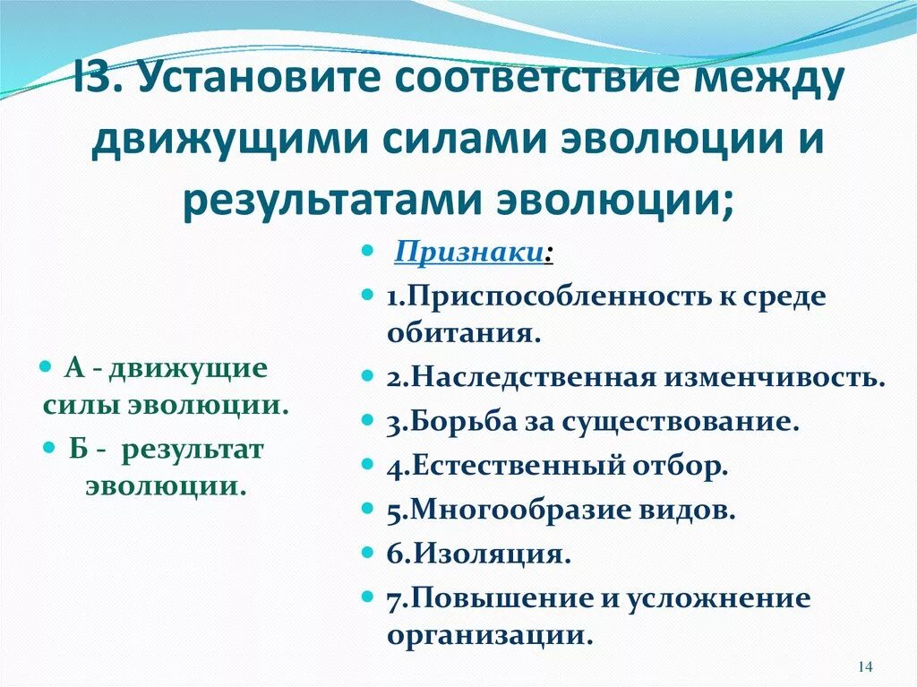 Установите соответствие между результатом эволюции