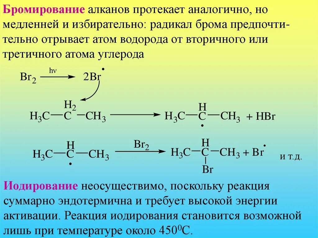 Радикальное бромирование алканов. Избирательность бромирования алканов. Бромирование алканов механизм реакции. Механизм бромирования пропана.